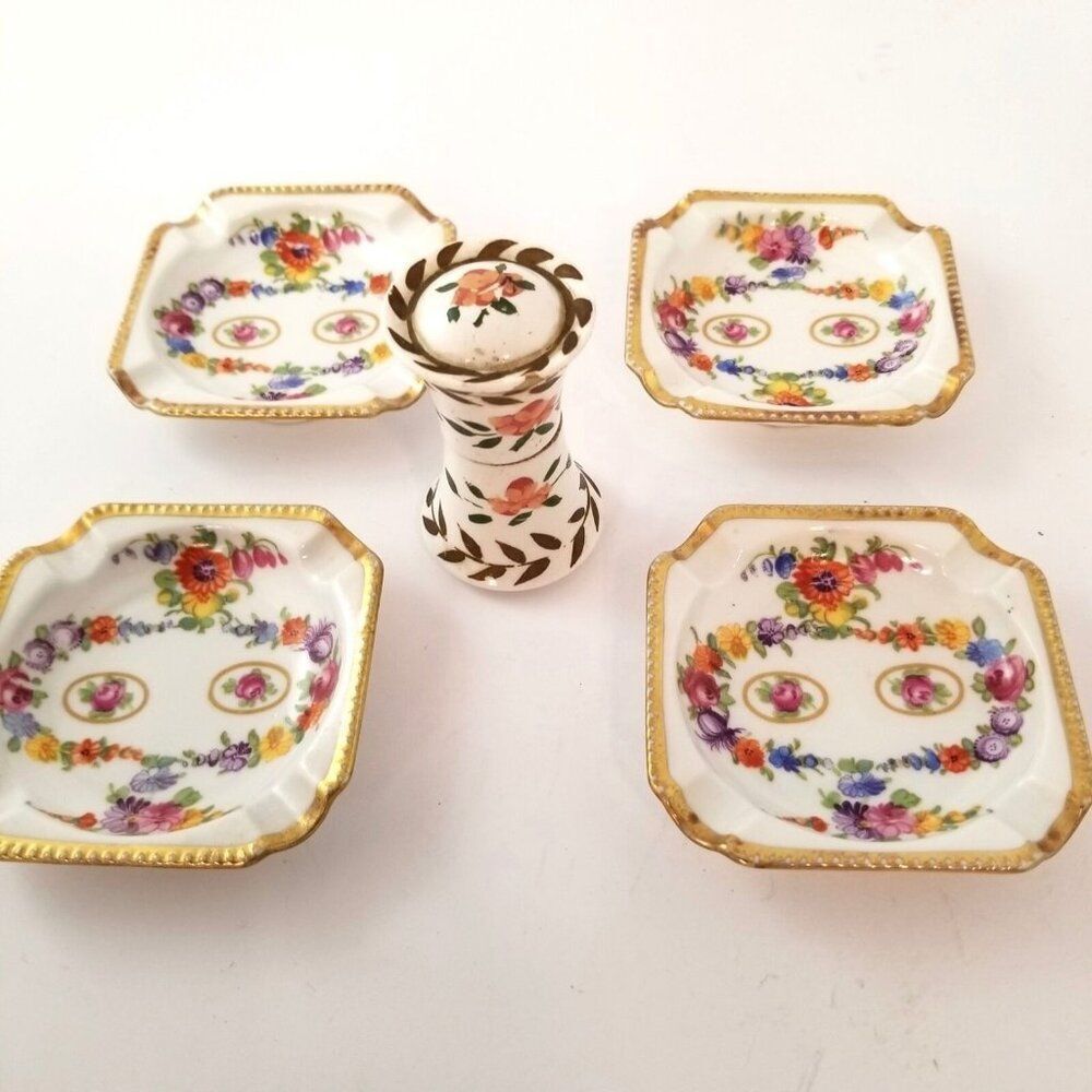 Vintage Dresdner Art China Schumann Empress Flowers Ashtrays  Lighter Bavarian